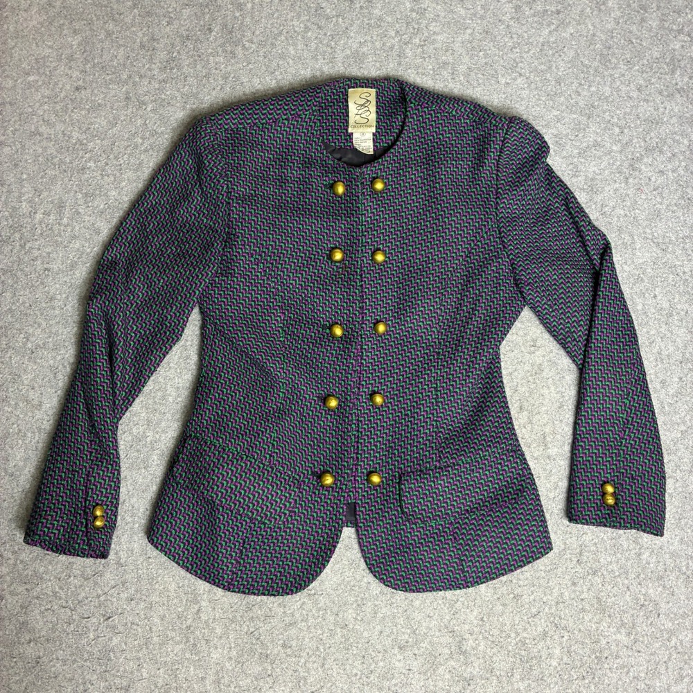SAS Collection Blazer Women 8 Purple Green Excellent Double Breasted Collarless
